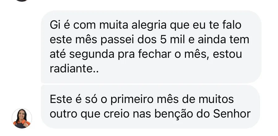 Print de mensagem de aluna da Prof Gi